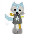 Doudou renard gris bleu jaune