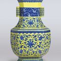 A very rare yellow-ground underglaze-blue decorated ‘lotus scroll’ hexagonal vase, Yongzheng mark and period (1723-1735)