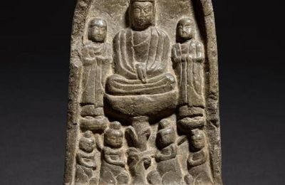An extremely rare inscribed limestone 'Buddhist Triad' stele, Tang dynasty, dated to the first year of the Wansui Dengfeng period of Empress Wu Zetian (in accordance with 696