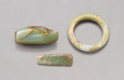 Two small celadon jade axes, Liangzhu culture (circa 3300-2200 BC) & A yellow jade bangle