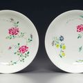 A pair of famille rose 'boneless style' floral dishes,Yongzheng six-character marks and of the period (1723-1735)