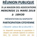 Réunion Publique - Présentation du Dispositif Participation Citoyenne "Devenir acteur de sa sécurité" - Mercredi 21 mars 2018
