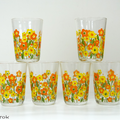 Vaisselle Vintage ... Verres décorés FLEURS ORANGES et JAUNES * Luminarc 