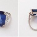 Bague en platine, ornée d'un saphir rectangulaire à pans en serti griffe, épaulé de diamants taille baguette. 