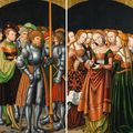 Simon Franck, Wings from an altarpiece: Saint Achatius with a train of knights and nobles; and Saint Ursula with an entourage of