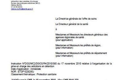 Instruction N°DGS/MC2/DGOS/R4/2010/390 relative à l'organisation de la prise en charge des addictions en détention