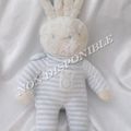 Doudou Peluche Lapin Rayures Bleu Blanc Corps Velours Echarpe Klorane