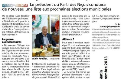  "Alain Roullier, candidat de "l'anti-système", repart" (Nice-Matin, 15/11/2013)