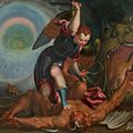 Antonio Sacchiense (dit Moretto da Pordonone ), (Pordenone, 1522 - Côme, 1576)  L'archange Saint Michel piétinant Satan avec les