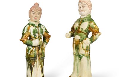 A pair of sancai-glazed pottery figures of guardians, Tang dynasty (618-907)