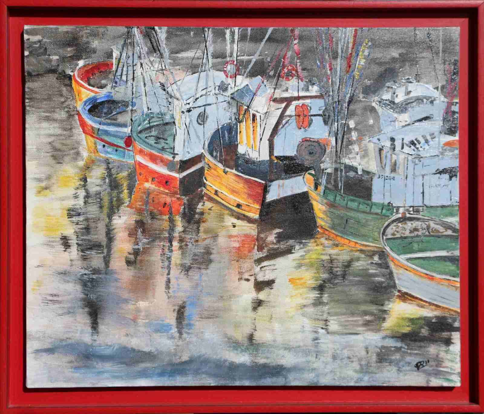 Un soir au port- acryl- cadre rouge- 55X46cm -(n°1 ND),