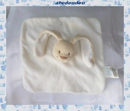 Doudou Plat Carré Lapin Sourire Blanc Et Beige Kimbaloo