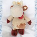 Doudou Peluche Vache Beige Tâches Marron Foulard Rouge Pois