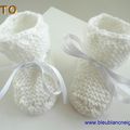 explications tricot bb, chaussons blancs, layette, bebe mixte