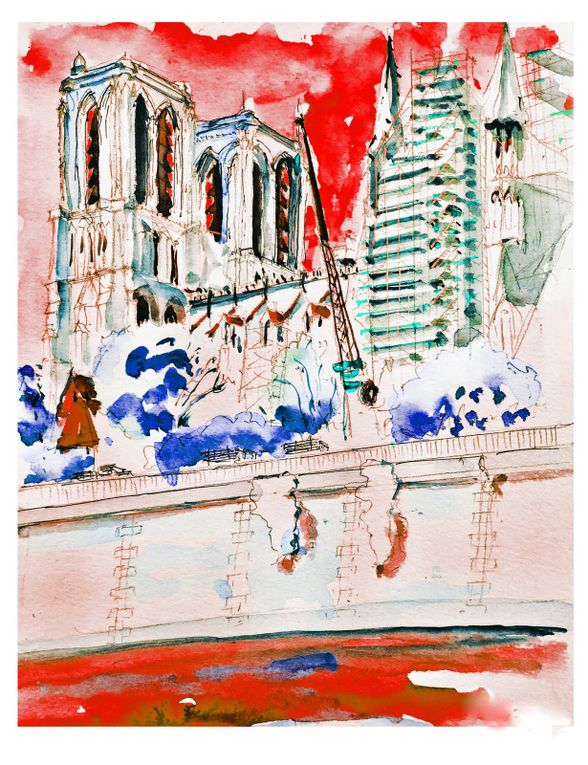 aquarelles : 2012; Incendie 15 avril 2019, image/PAO ; 6/09/2019, en travaux ; 2024, la flèche est raposée