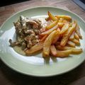 Lapin à la moutarde, champignons et frites