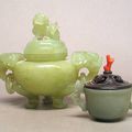 A small jade cup and  carved green hardstone covered censer with two elephant-form handles  