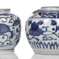 Two blue and white porcelain jars, one with lion mask handles, China, Wanli period