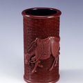 Brush Holder Carved with Painting of Bo Le Judging Horses, Ming dynasty (1368-1644)