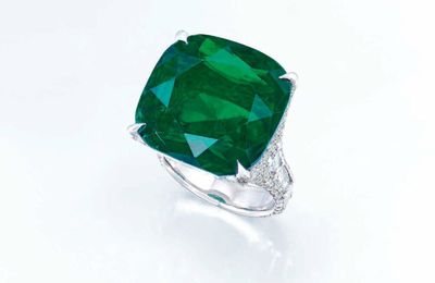 A rare 25.00 carats cushion-shaped Colombian emerald and diamond ring, by Boghossian