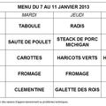 Menus du restaurant scolaire du 7 au 11 janvier 2013