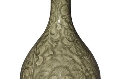 A rare carved 'Yaozhou' celadon-glazed 'Peony' vase, Song dynasty (960-1279)