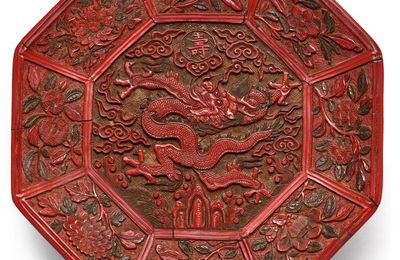 A carved polychrome lacquer 'dragon' octagonal dish, Mark and period of Jiajing (1522-1566)