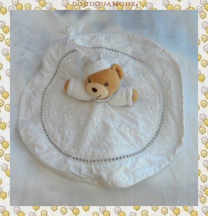 Doudou Peluche Plat Rond Ours Beige Dragée Blanc Broderie Kaloo