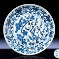 A fine and extremely rare Ming blue and white 'Three friends' dish, Jiajing six-character mark and of the period (1522-1566)