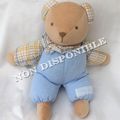 Doudou Peluche Ours Jeans Bleu Clair Bras Collerette Et Oreilles Carreaux Marron Beige Jaune Bleu Nounours