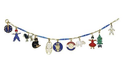 18 Karat gold and enamel charm bracelet, three charms by Cartier