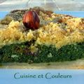 Tarte aux épinards, crumble noisettes/fourme d'Ambert