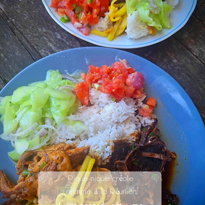 Pique-nique créole comme à la Réunion: civet canard, rôti porc et leurs accompagnements