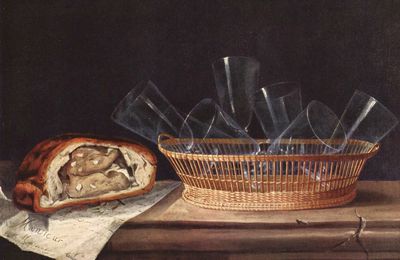 Sébastien Stoskopff, « Corbeille avec verres, pâté et lettre adressée à Teniers », 1644