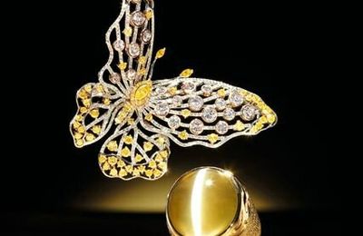 Fancy intense orange-yellow diamond, yellow diamond and diamond ‘Butterfly’ brooch  & cat’s-eye chrysoberyl ‘Double Dragon’ ring