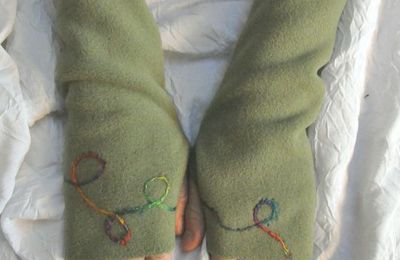 Mitaines en polaire vert, motifs en laine cardée multicolore