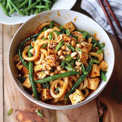 Recette nouilles udon au tofu et haricots verts savoureuse 🍜