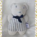 Doudou Peluche Ours Eponge Rayures Blanc Et Bleu Grelot Noeud Bébé Confort