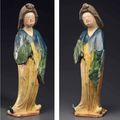 A rare large painted and blue, amber and green-glazed pottery figure of a court lady, Tang dynasty (AD 618-907)