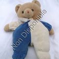 Doudou Peluche Ours Tête Marron Corps Ecru Et Bleu Noeud Satin Noukie's 35 cm