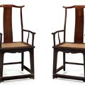 A very rare pair of zitan 'official's hat' armchairs, sichutouguanmaoyi, 17th-18th century