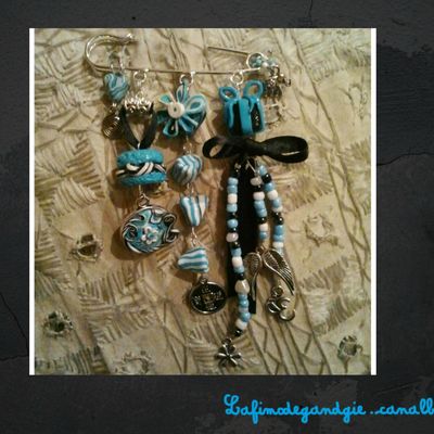 Broche Turquoise/noire/blanche Fimo