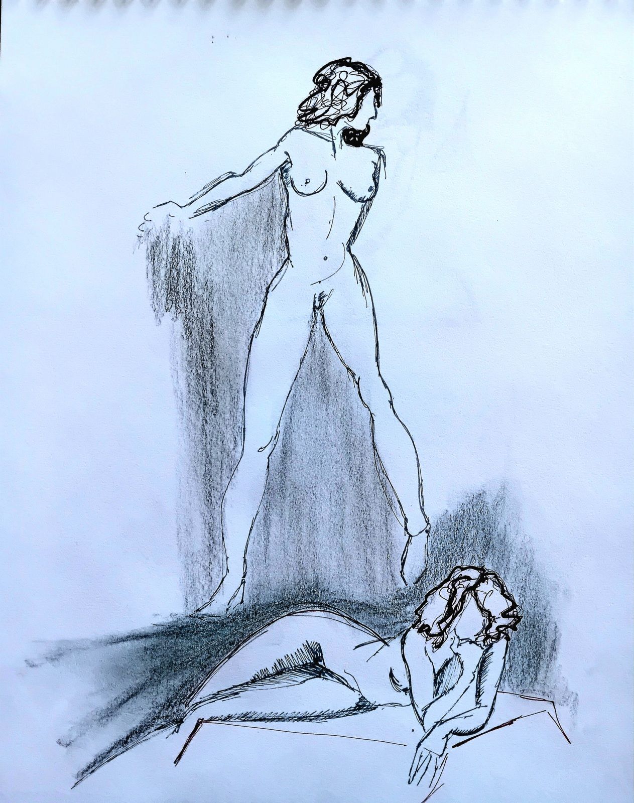 Croquis modèle vivant. Crayon et fusain teinté 