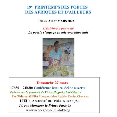 CLÔTURE DIMANCHE 27 MARS de 17h30 à 21h30 DU 19e Printemps des Poètes des Afriques et d’Ailleurs 