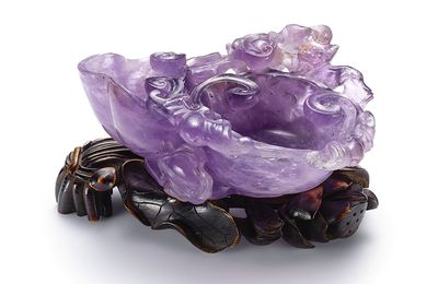 A rare carved amethyst brush washer and stained ivory stand, Qing dynasty, Qianlong period (1736-1795)