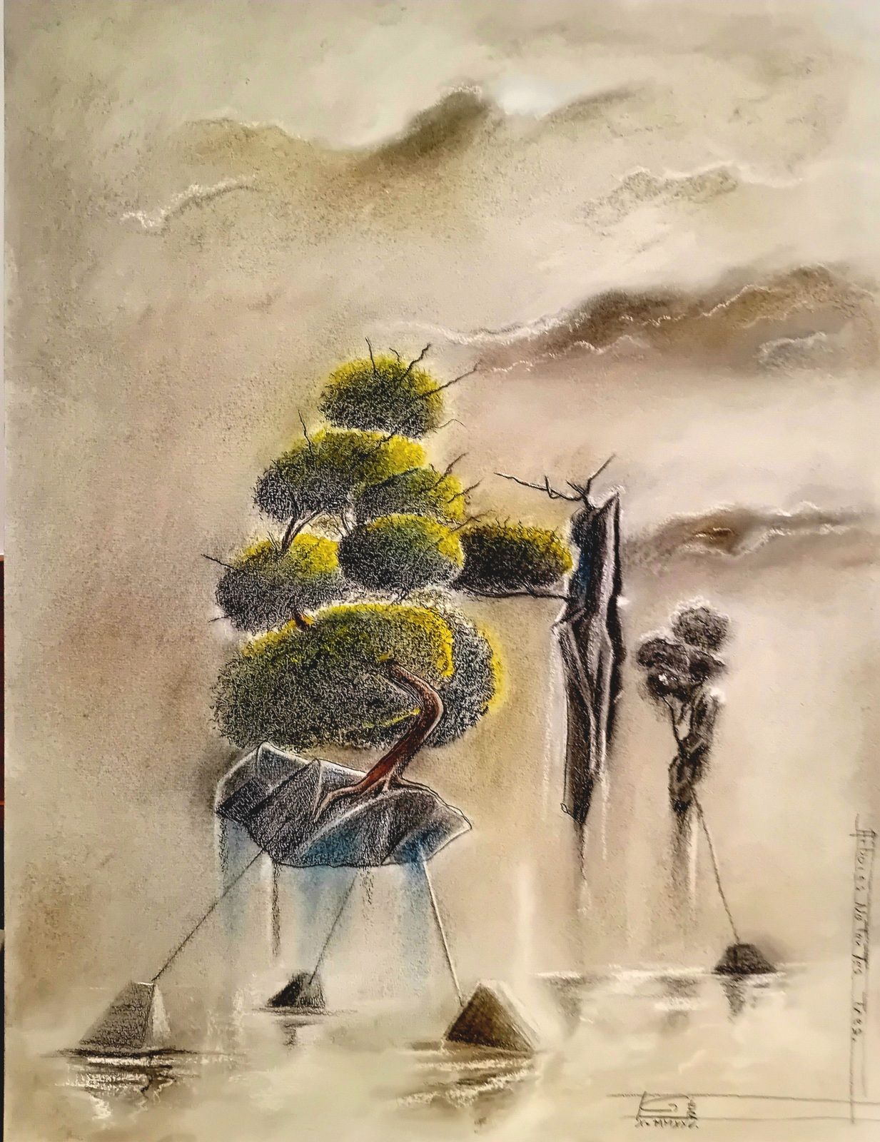 Arbre suspendu sur un rocher flottant. Crayon, pierre noire, fusain pastel sec et crayon de couleur. 