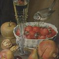Follower of Georg Flegel - A façon de venise, a bowl of strawberries, a blue tit, a pomegranate, cherries, other fruits and waln