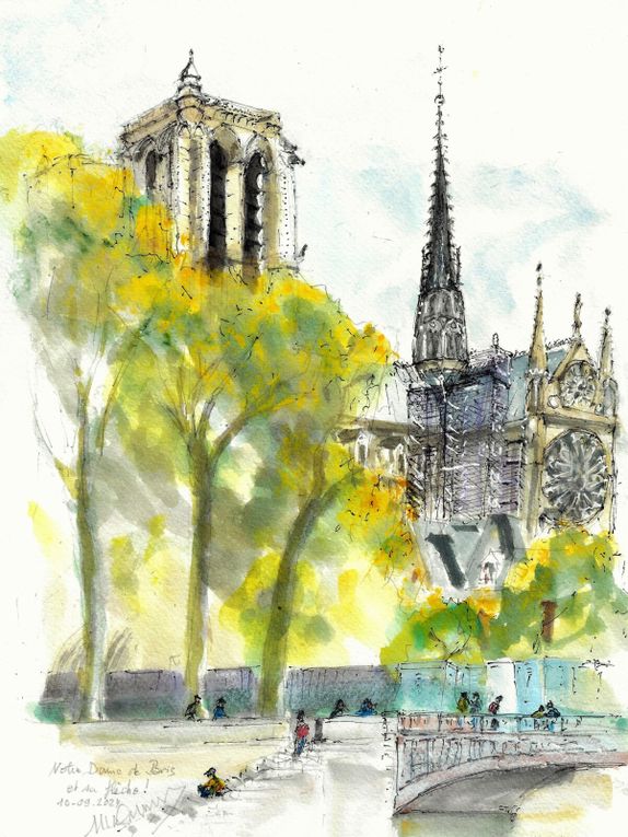 aquarelles : 2012; Incendie 15 avril 2019, image/PAO ; 6/09/2019, en travaux ; 2024, la flèche est raposée