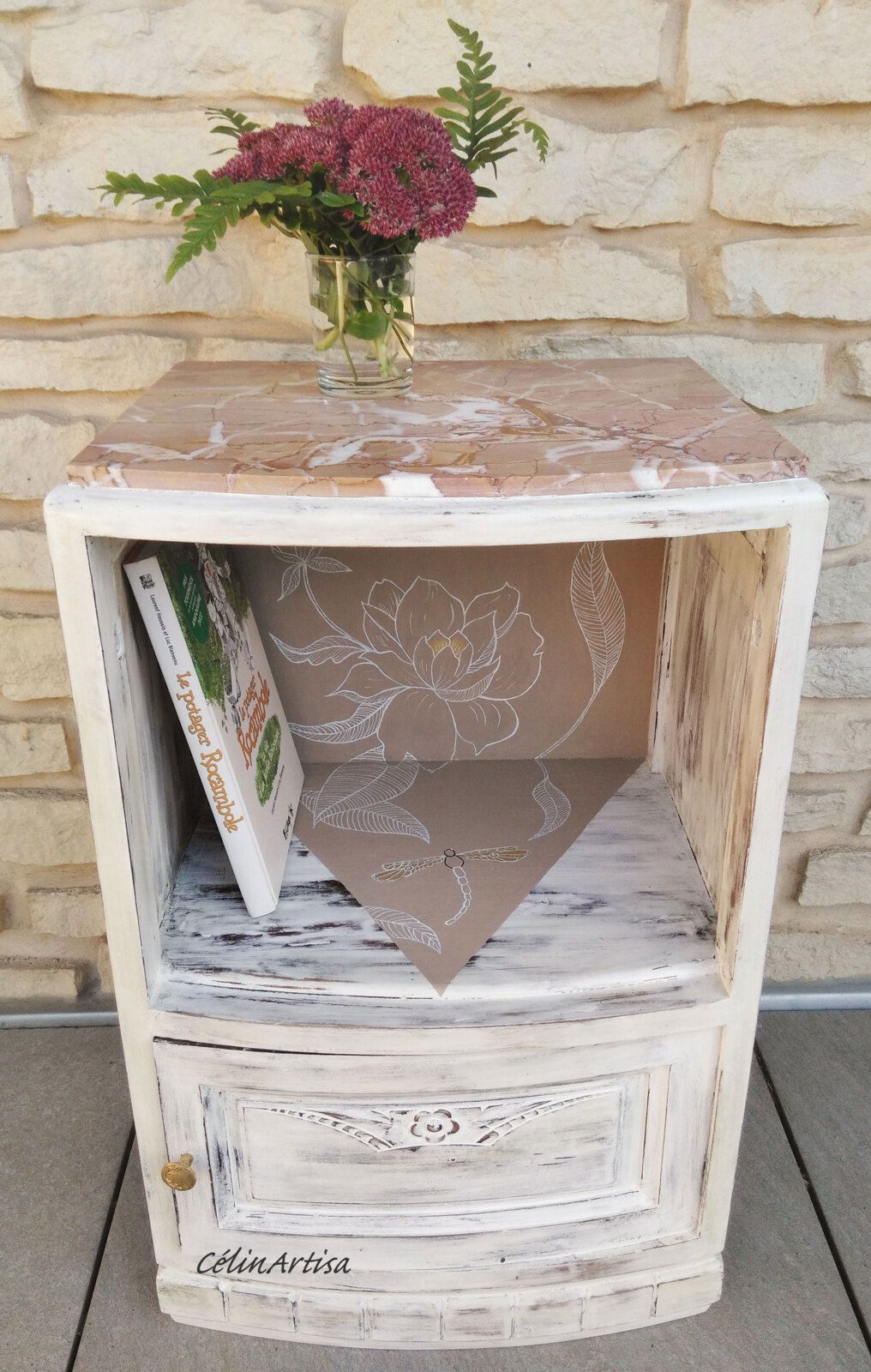 Chevet/meuble d'appoint customisé - motifs fleurs 