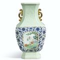 A magnificent carved celadon, underglaze-blue and famille-rose decorated 'Boys' vase, seal mark and period of Qianlong
